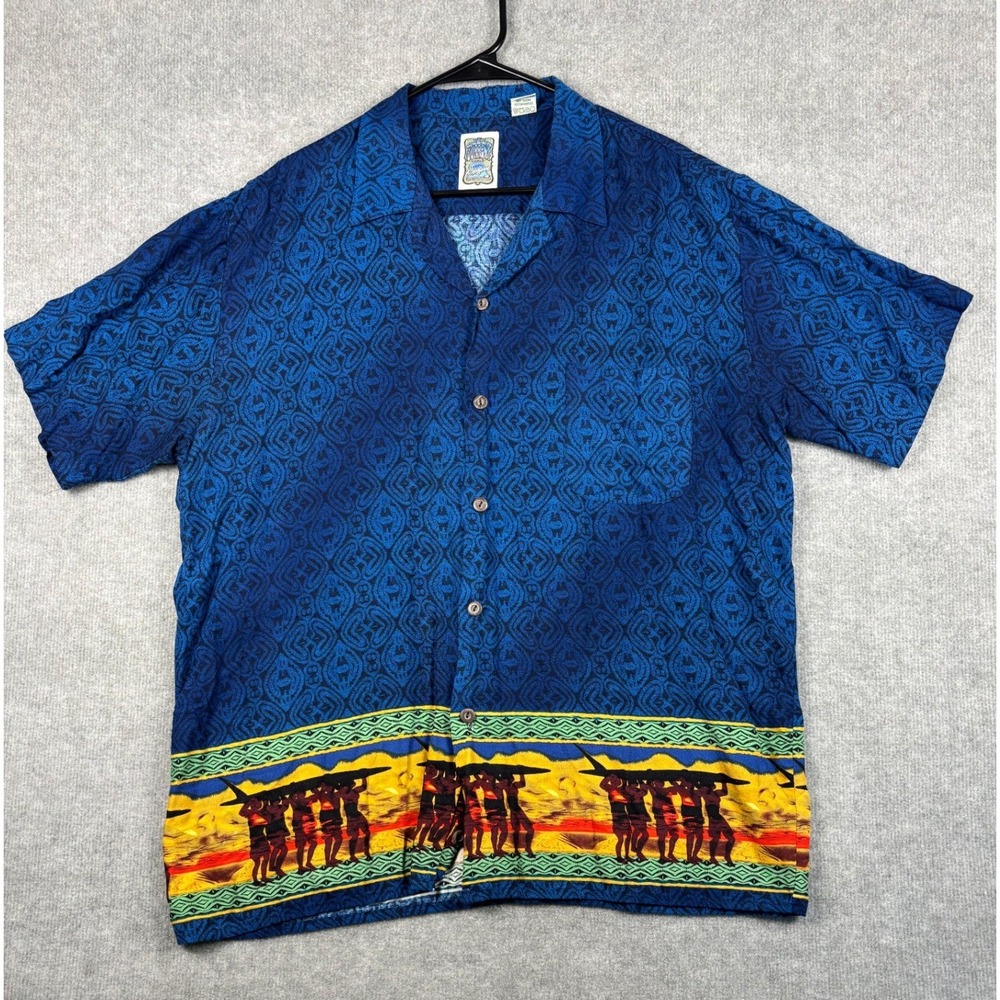Ocean Current Vintage Original Hawaiian Shirt Tribal Surfboard Border Large Blue